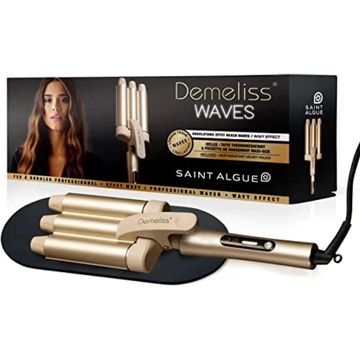 Demeliss - Saint Algue - WAVES GOLD, Welleneisen – Lockenwickler mit Welleneffekt – Keramik- und Turmalinbeschichtung – 10 Temperaturen – inklusive hitzebeständiger Matte und Aufbewahrungstasche – Bild 3