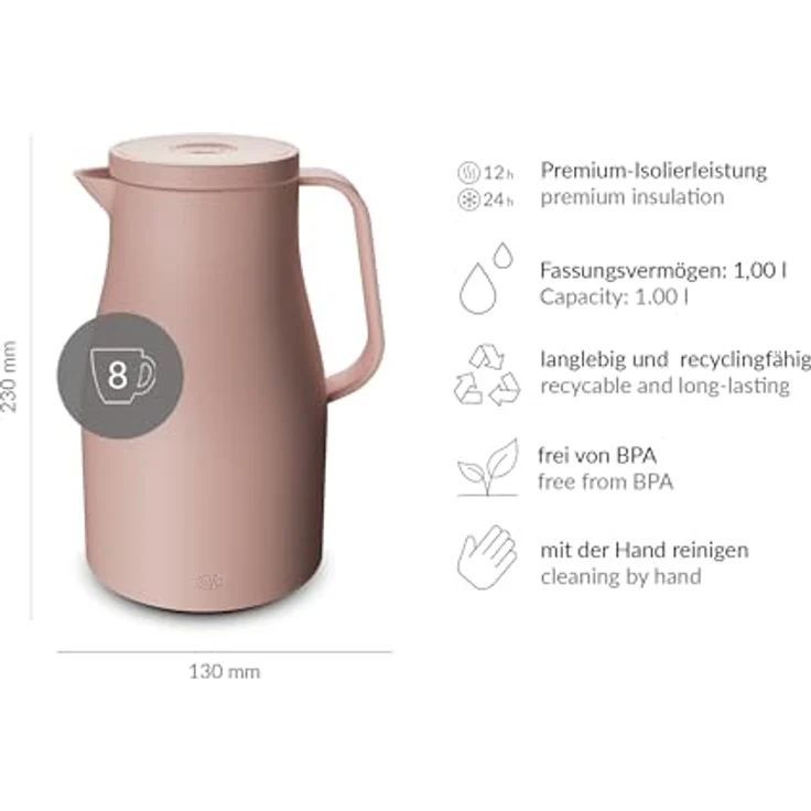 Alfi Isolierkanne, 1.0 l, rosa, aus Bio-Kunststoff mit Druckknopf für einhändiges Ausgießen, hält Getränke bis zu 12 Stunden heiß und 24 Stunden kalt – Bild 6