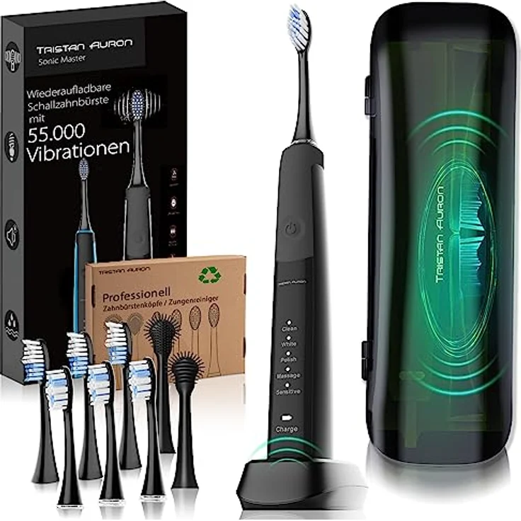 Tristan Auron Sonic Master Schallzahnbürste - 55.000 VPM - 5 Modi - 60 Tage Akku + inkl. Etui mit UV Desinfektion + 6 Ersatzbürste und 2 Zungenreiniger - elektrische Zahnbürste in schwarz – Bild 1