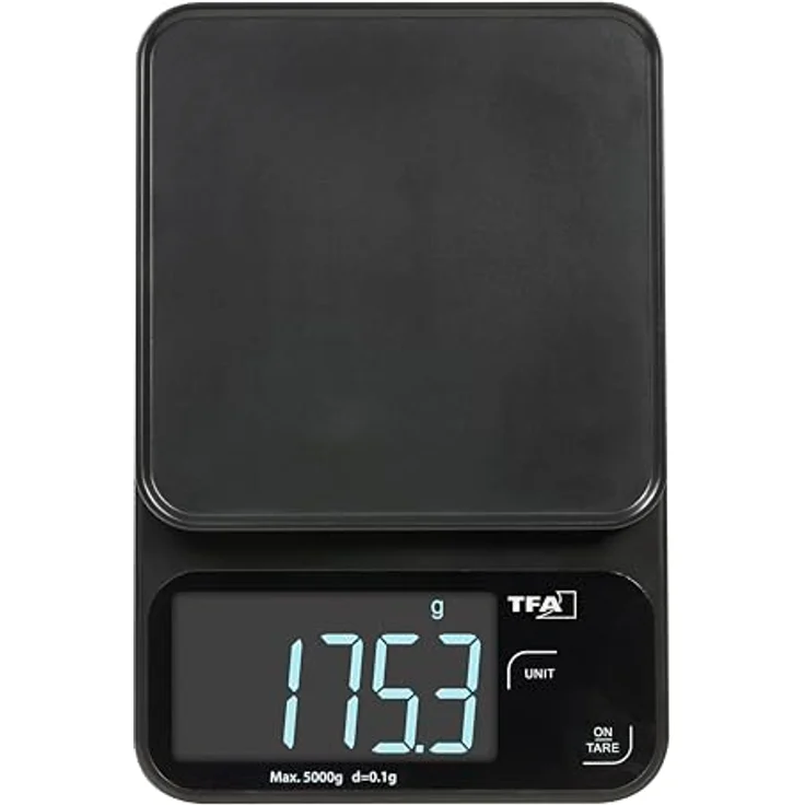 TFA Dostmann Digitale Küchenwaage Cookie 50.2009, bis 5kg, mit Tara-Funktion und beleuchtetem LCD-Display, flach & kompakt, schwarz – Bild 1