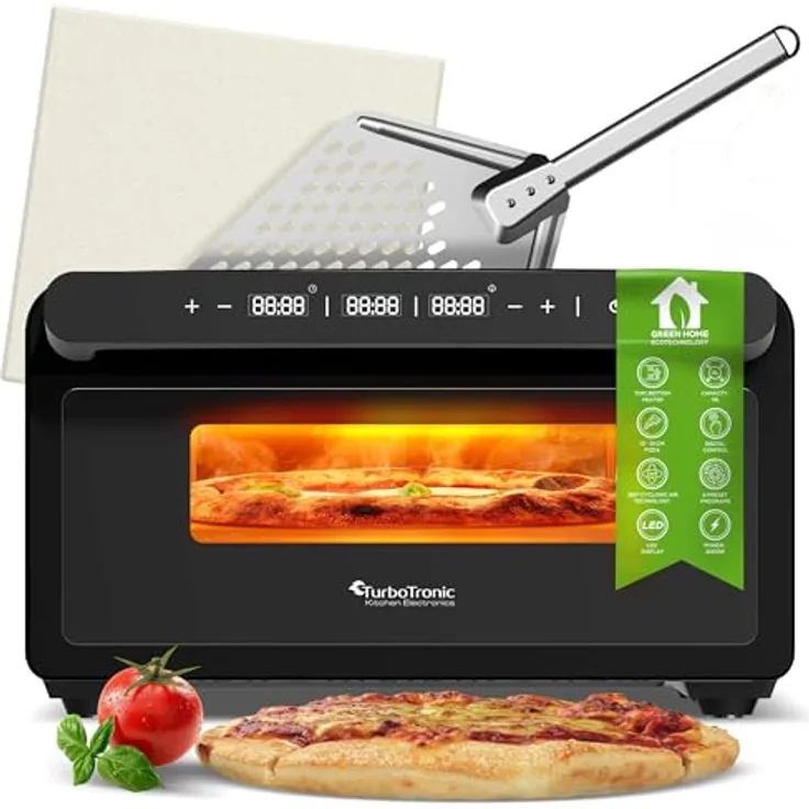 TurboTronic by Z-Line Pizzaliano TT-PO15, Minibackofen aus Edelstahl mit 2000 W Leistung, 430 °C in 2 Minuten, inkl. Pizzastein und digitale Steuerung