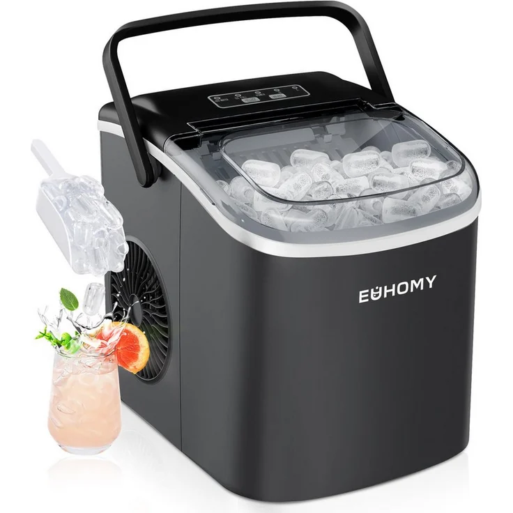 EUHOMY Eiswürfelmaschine, kompakte Eismaschine für 9 Eiswürfel in 6 Minuten, 12 kg/24 Stunden, selbstreinigend, leise, tragbar für Zuhause, Küche, Büro und Bar