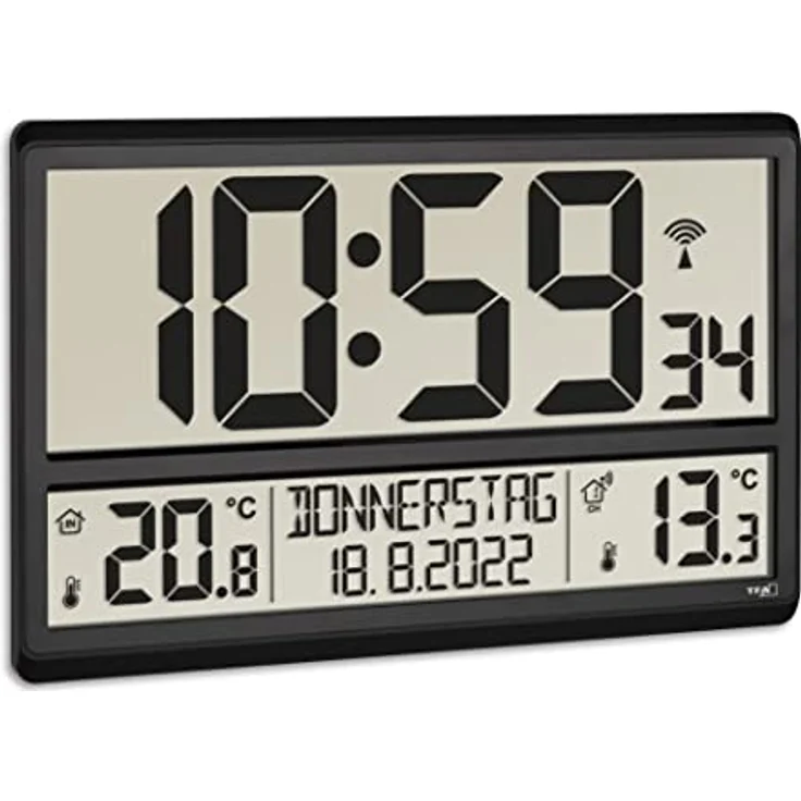 TFA Dostmann Digitale XL Wanduhr, 60.4521.01, mit Außentemperatur, Innentemperatur, Wochentag (8 Sprachen), Funkuhr, Datum, schwarz, (L) 360 x (B) 235 x (H) 28 (84) mm – Bild 3