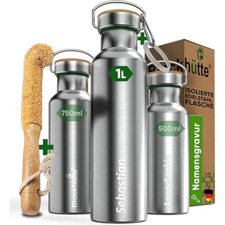 Blockhütte Personalisierte Edelstahl Trinkflasche 1L - Auslaufsichere Thermoflasche, BPA-frei, Kohlensäure geeignet, für Kinder und Erwachsene, Gravur mit Namen – Bild 1