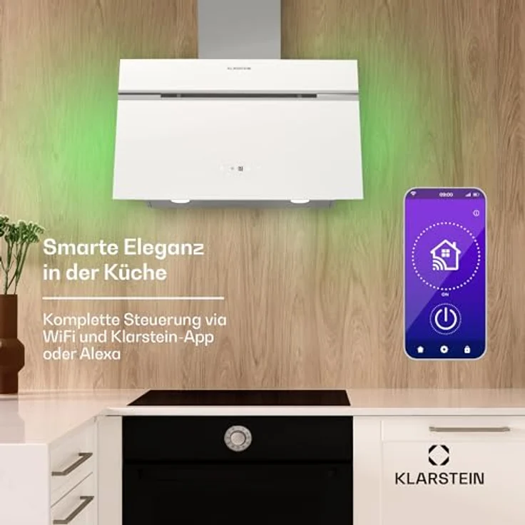 Klarstein Dunstabzugshaube 60cm, Abluft/Umluft Dunstabzugshaube mit Aktivkohlefilter & LED-Beleuchtung, 600m³/h Luftstrom, IoT/Wi-Fi, Leise Schräghaube, Dunstabzugshauben 60 cm, weiß – Bild 2