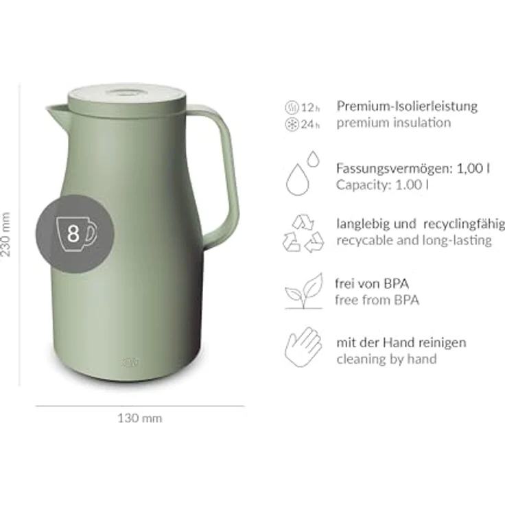 Alfi Isolierkanne ECONSCIOUS, 1 l, Hartglaseinsatz, Biokunststoff, 12h heiß & 24h kalt, Drehverschluss mit Druckknopf – Bild 7