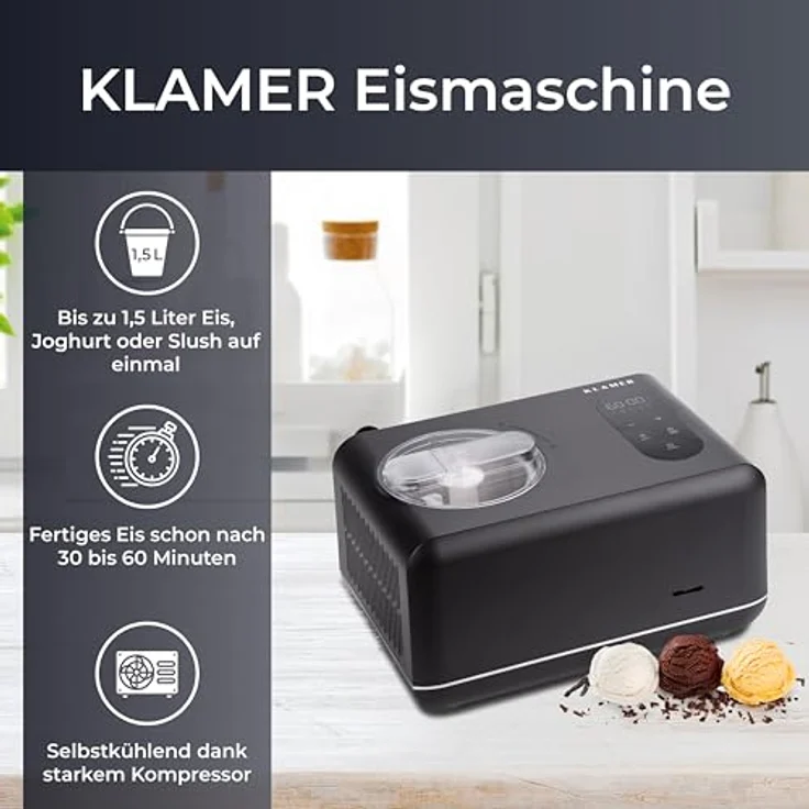 KLAMER 3-in-1 Eismaschine, Slush Maschine & Joghurtbereiter, 1,5 L, 150 W Edelstahl mit Kühl- & Heizfunktion, selbstkühlender Kompressor für Sorbet, Slush und Frozen Yoghurt – Bild 2