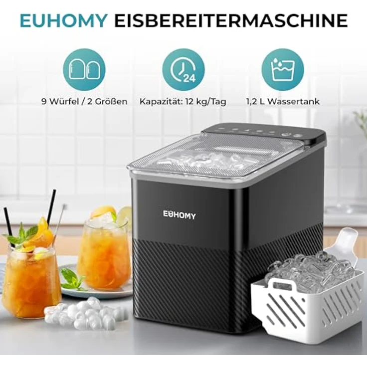 EUHOMY Eiswürfelmaschine, kompaktes Design, Ein-Knopf-Einstellung, 9 bullet-förmige Eiswürfel in 2 Größen, automatische Reinigung, intelligente Warnungen, transparenter Deckel, schwarz – Bild 4