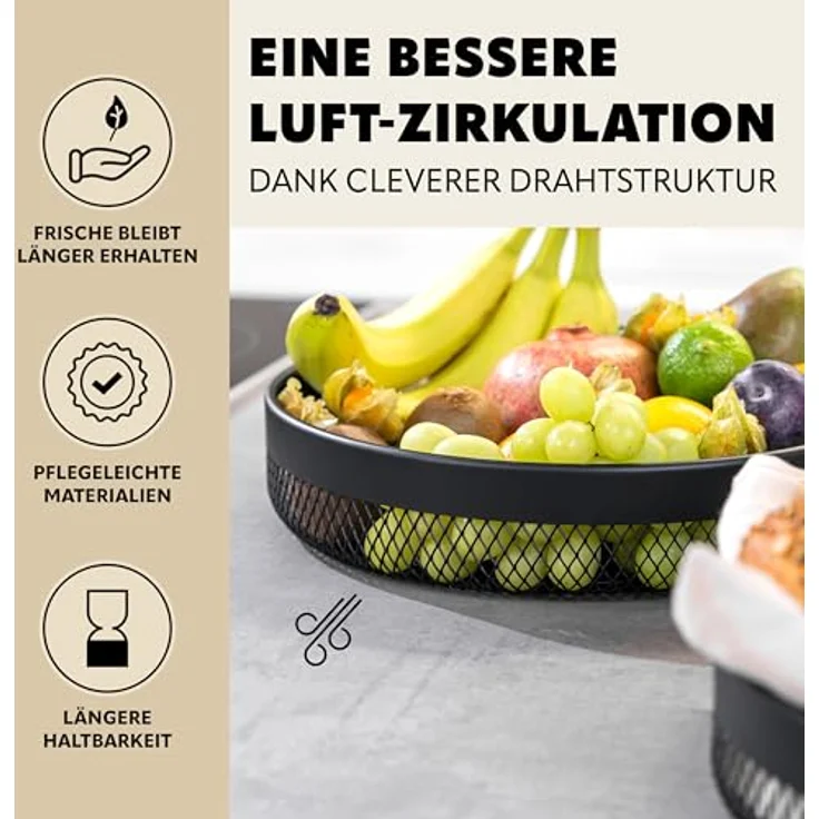 eluno Obstkorb - Brotkorb 2er Set, Moderne runde Obstschalen aus schwarzem Metall, Luftzirkulation für längere Frische – Bild 4