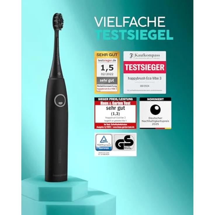 happybrush Elektrische Schallzahnbürste Eco VIBE 3 - Nachhaltige Zahnbürste mit 6 Wochen Power-Akku inkl. 4 Aufsteckbürsten - Schwarz Vorteilsset – Bild 2