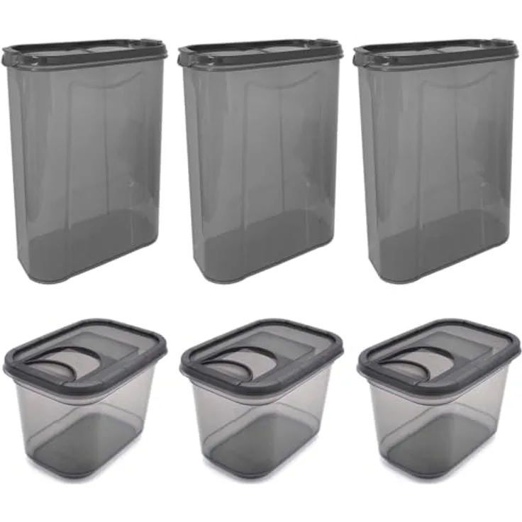 HAC24 6er Set Schüttdosen Grau, Vorratsdosen mit 3x 1,3 Liter & 3x 2,8 Liter, Aufbewahrungsbehälter für Lebensmittel