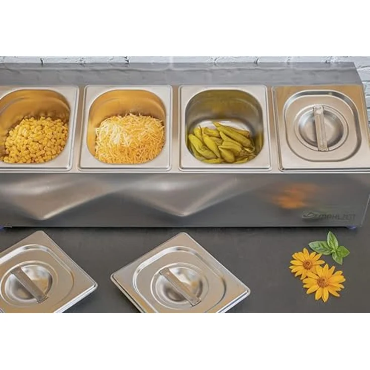 Mahlzeit Edelstahl Zutatenbehälter, 6 x 1/6 GN mit Gummifüßen, 102,5 x 24,5 x 21,5 cm, Cocktail Zutatenbehälter für Gastro, Küche und Buffet – Bild 2