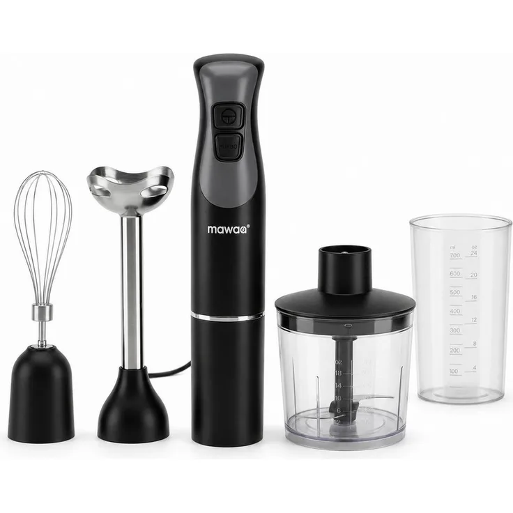 LEFEX mawaa Stabmixer MHB-32515-SB, 3-in-1 Set mit Edelstahl-Mixfuß, Zerkleinerer und Schneebesen, 250 W, schwarz