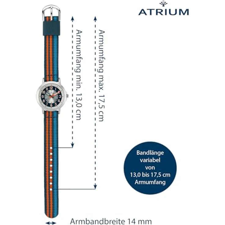 Atrium A50-12 Kinder Armbanduhr Jungen Analog Quarz, extra deutlich mit gestreiftem Nylonband in dunkelblau, orange und hellblau, 30mm, 3 bar wasserdicht – Bild 2