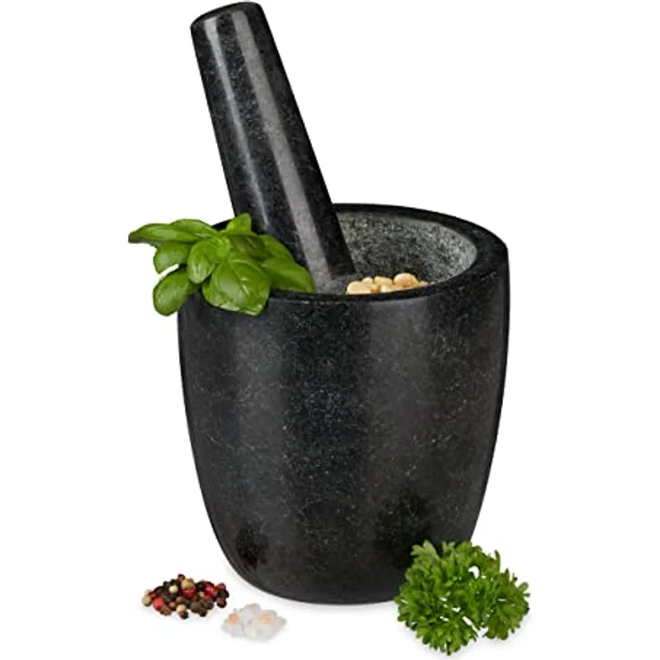 Relaxdays Granit Mörser mit Stößel, robust & langlebig, Gewürze, Kräuter, polierter Steinmörser, Ø 13 cm, 500ml, schwarz – Bild 2