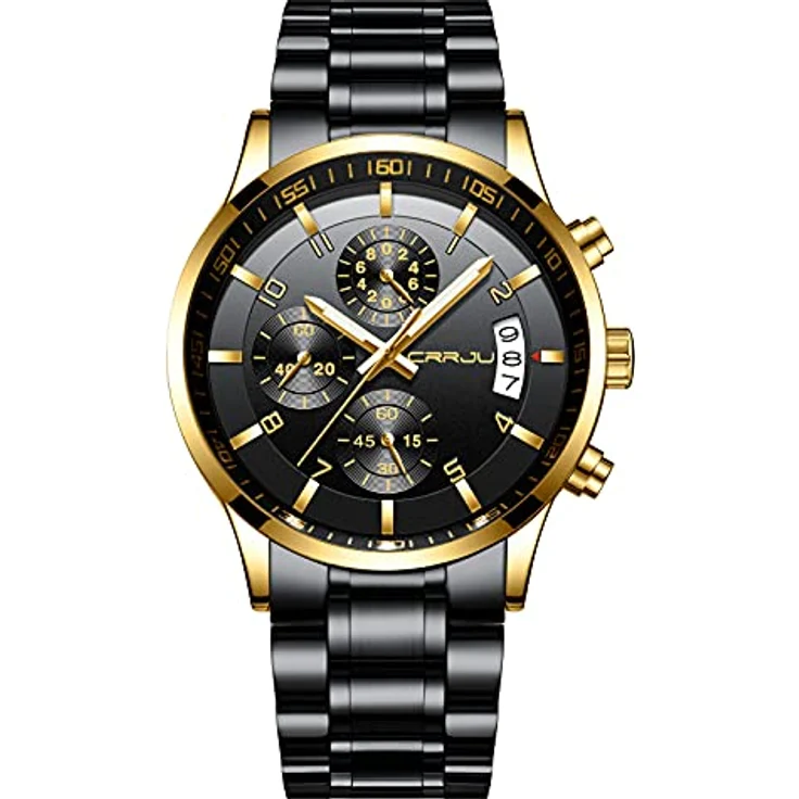 CRRJU Herren Armbanduhr Chronograph mit wasserdichtem Edelstahlarmband, analoges Quarzwerk, automatischer Kalender, Schwarz-Gold – Bild 1