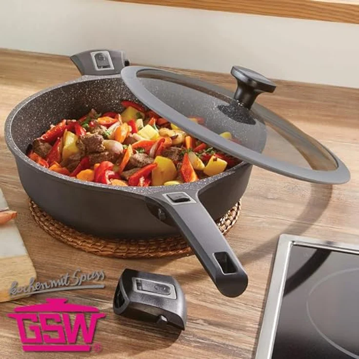 GSW 167833 Easy Click Schmorpfanne, Aluminium schwarz mit Glasdeckel und abnehmbaren Griffen, Ø 28 cm, für alle Herdarten geeignet – Bild 2