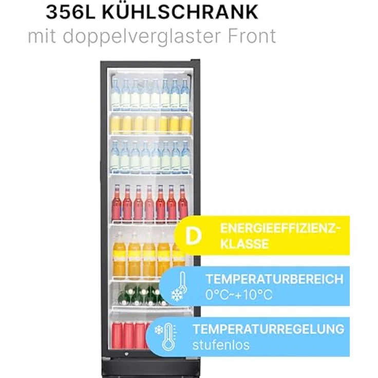 Bomann® Kühlschrank mit Glastür | Getränkekühlschrank abschließbar | 6 höhenverstellbare Ablagen | 30kg je Ablage | 347 Liter | Kühlschrank groß | Flaschenkühlschrank m. LED-Licht | KSG 7351 schwarz – Bild 2