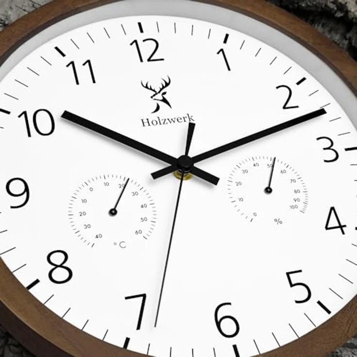 Holzwerk Wanduhr, Rund, 30 cm, Braun/Weiß, mit Thermo-Hygrometer, Quarzwerk, Holz-Optik – Bild 3