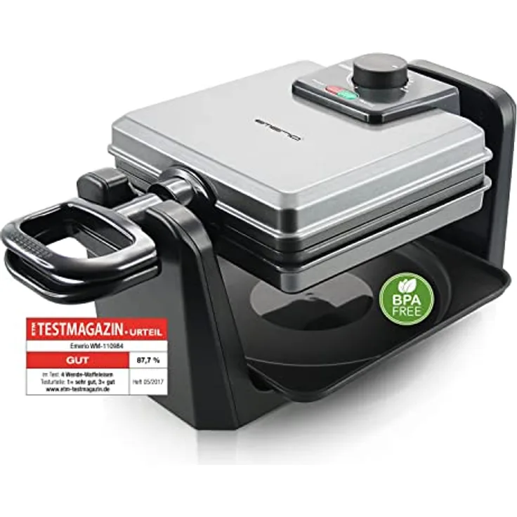 Emerio drehbares Waffeleisen für 4 belgische Waffeln zugleich, mit professioneller Dreh-Funktion, antihaftbeschichtete Platten, Temperaturregler, 1000 Watt, "gut" getestet, Silber, WM-110984.4