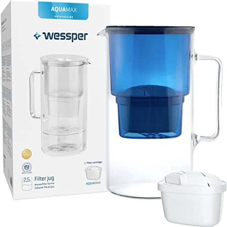 Wessper Wasserfilterkanne aus Glas 2.5 L Kompatibel mit Brita-Wasserfilterkartuschen, Inklusive 1 Wasserfilter-Kartusche, Reduziert Kalk und Chlor, Marineblau – Bild 1