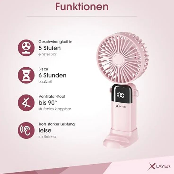 Xlayer Klappbarer Handventilator mit Smartphone Halterung, 1.200 mAh, 5 Geschwindigkeiten, Pink – Bild 3