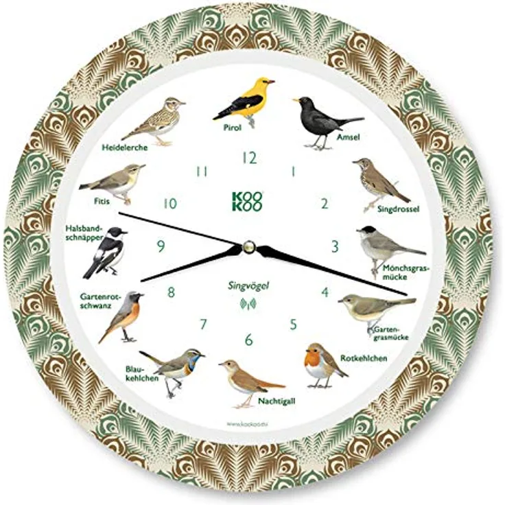 KOOKOO Singvögel Feather Heart, Die Singende Vogeluhr, mit 12 heimischen Singvögeln und echten, natürlichen Vogelstimmen, mit RC Funkquarzwerk