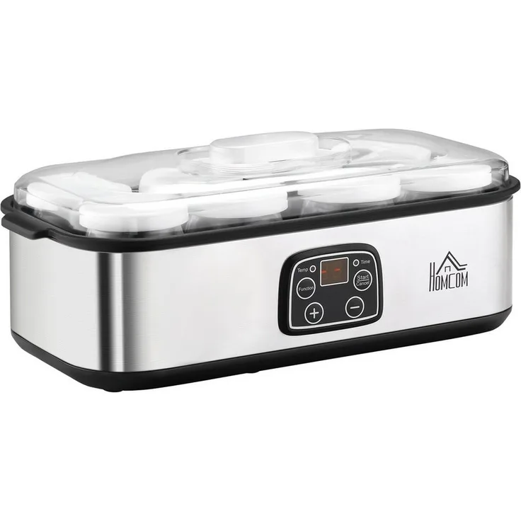 HOMCOM Joghurtbereiter, 8 Portionsbehälter mit 180 ml, glasierte Joghurtmaschine in Silber mit Mikrocomputer-Steuerung und Timer