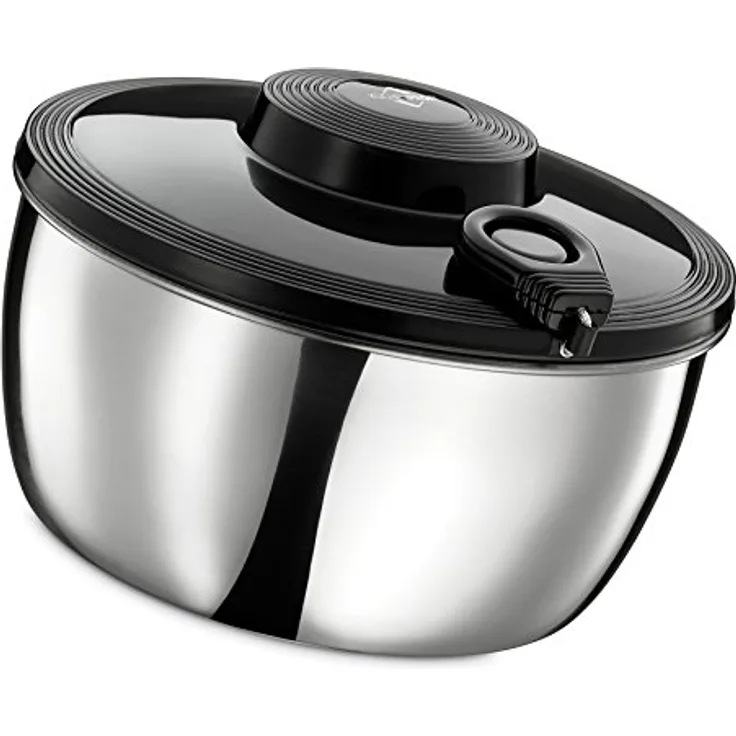 Küchenprofi Salatschleuder, Schwarz, Silber, rostfreier Edelstahl, 3,25 L/Ø 24 cm mit Seilzug, Sieb und Basisplatte, für Salat, Kräuter und Beeren, Salatschüssel mit Deckel