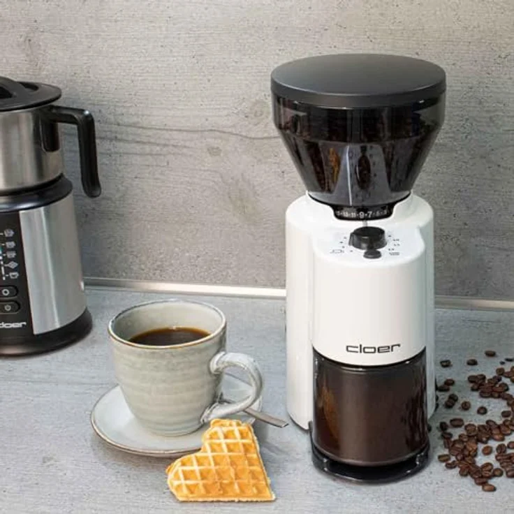 Cloer 7521 Elektrische Kaffeemühle mit Kegelmahlwerk, 2-12 Tassen, 300 g Kaffeebohnen, 150 W, verstellbarer Mahlgrad, Kunststoff, weiß – Bild 3