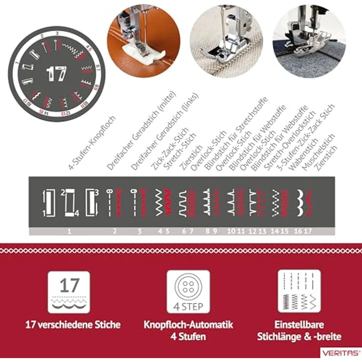 Veritas Nähmaschine VERITAS Power Stitch 17 Mechanische Nähmaschine, 17 Stichprogramme, regulierbarer Nähfußdruck, LED Nählicht – Bild 4