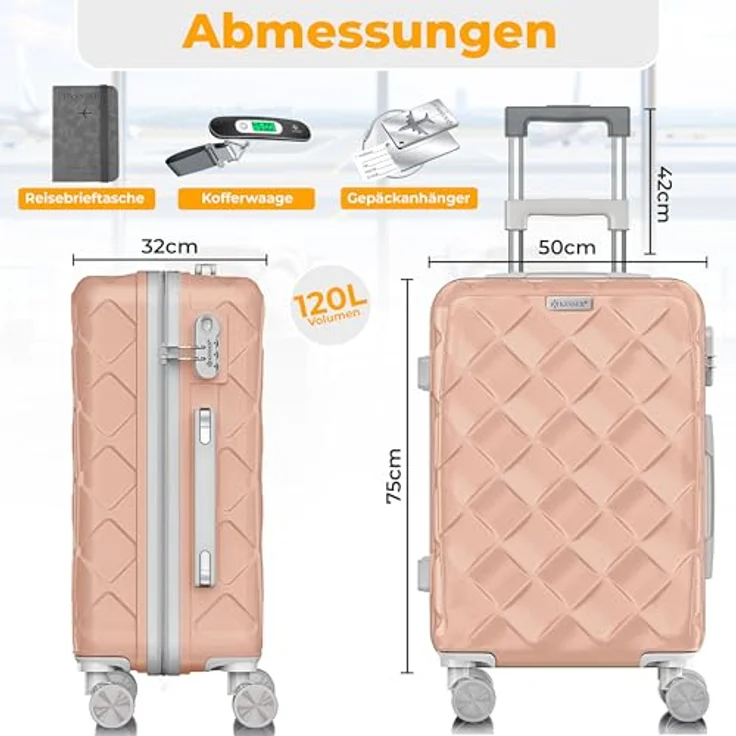KESSER® Reisekoffer 120L ABS Hartschalenkoffer mit Zahlenschloss, Kofferwaage, Reisebrieftasche und 360° Rollen in Nude Grey – Bild 2