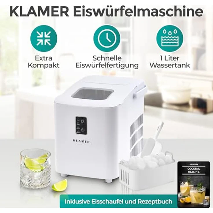 KLAMER Eiswürfelmaschine klein (2025), 8 Eiswürfel in 8 Minuten, 11 kg Eis pro Tag, 2 Größen, 1 L Wassertank, geräuscharm mit Eisschaufel und Tragegriff – Bild 2