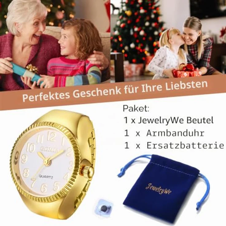 JewelryWe Fingeruhr Ringuhr Gold Analog Quarz mit Stretchband, 10m wasserdicht, elegante Geschenkidee für Damen und Herren – Bild 4