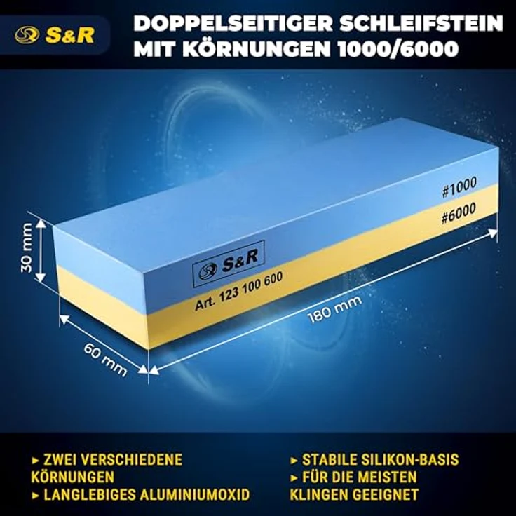 S&R Doppelseitiger Schleifstein, 18 x 6 x 3 cm, Körnung 1000/6000, inkl. Schleifhilfe und rutschfestem Silikon-Halter – Bild 2