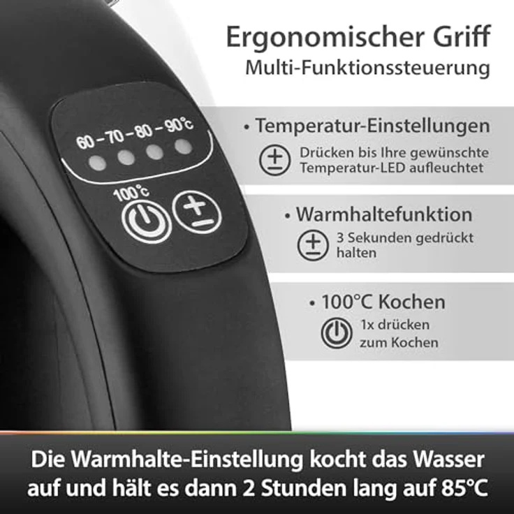 T24 Wasserkocher Glas 1,7 L, Schwarz mit LED Beleuchtung, 2.200W, Temperatureinstellung 60-100 °C – Bild 5