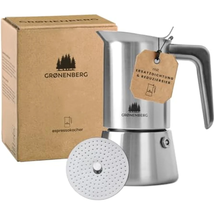 GRØNENBERG Espressokocher Edelstahl, Induktion geeignet, 4 Tassen, 0.2l, inkl. Ersatz-Dichtung, aluminiumfrei und unbeschichtet – Bild 1