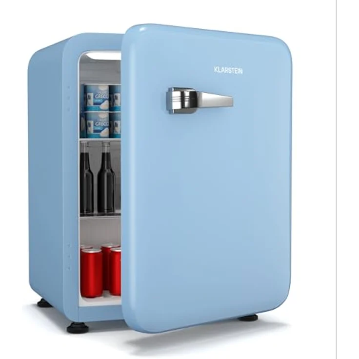 Klarstein Audrey Evo 68L Retro Mini Kühlschrank, 40 dB leise, kompakt mit verstellbaren Füßen und Wendetür, blau, ideal für Schlafzimmer und Büros – Bild 1