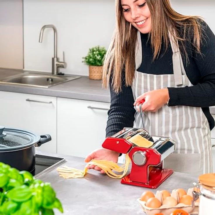 bremermann Nudelmaschine Edelstahl/Metall ROT, Pastamaker für Spaghetti, Tagliatelle und Lasagne mit 7 verstellbaren Teigdicken – Bild 2