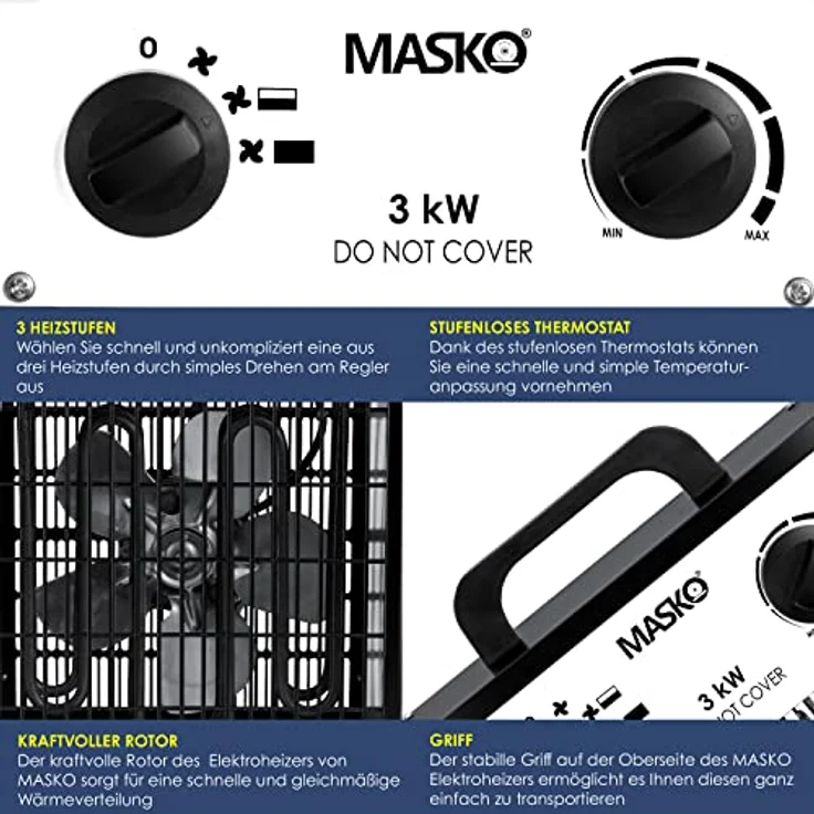 Masko® Elektroheizer Heizlüfter Bauheizer 3 KW mit integriertem Thermostat elektrisch Heizgerät 3000 Watt 3 Heizstufen Heizgebläse für Innen- und Außeneinsatz Überlastschutz Elektroheizgebläse Weiß – Bild 5