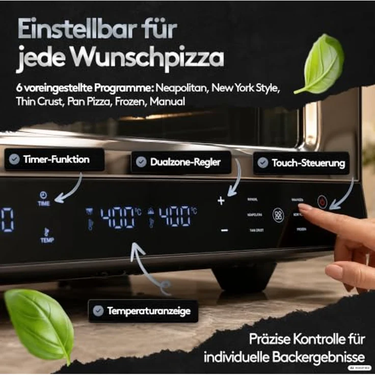 Flammenwerk Pizzaofen elektrisch, 1700 W mit Cordierit-Pizzastein und Pizzaschieber, Schwarz, bis 450 °C, mit Backprogrammen – Bild 4