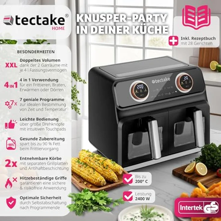tectake® Heißluftfritteuse 2 Kammern, XXL Doppelkammer Airfryer, Dual Fritteuse mit Heißluft, 8 l Fassungsvolumen, inkl. Zubehör Rezeptheft – Bild 2