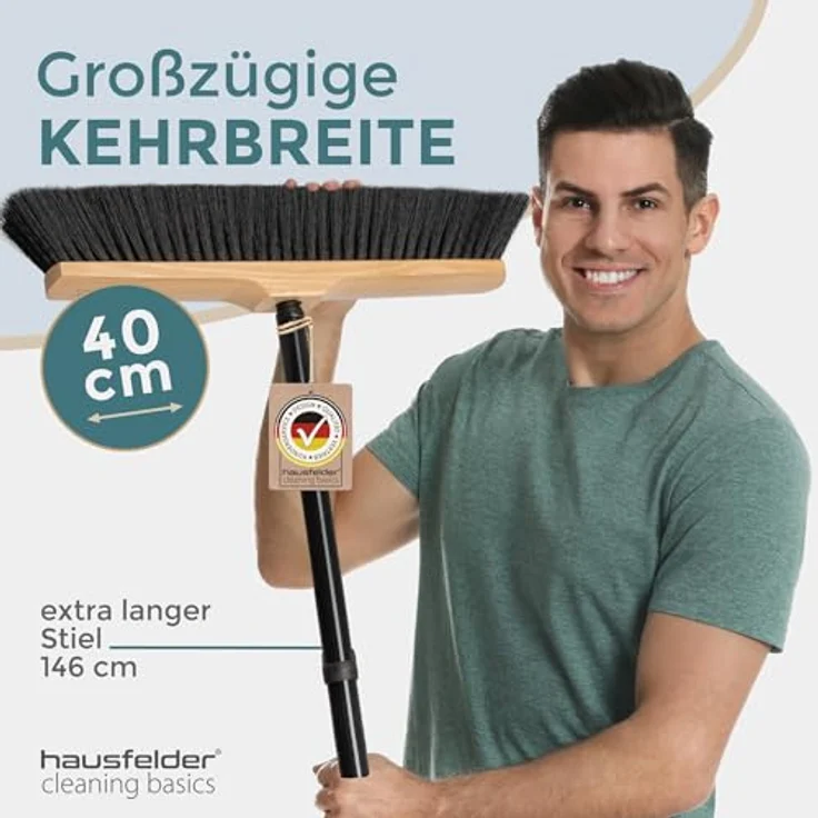 Hausfelder Staubbesen Zimmerbesen mit Stiel, 40 cm Kehrbreite, weiche schwarze Borsten, 4-teiliger Metallstiel mit Drehgewinde – Bild 2