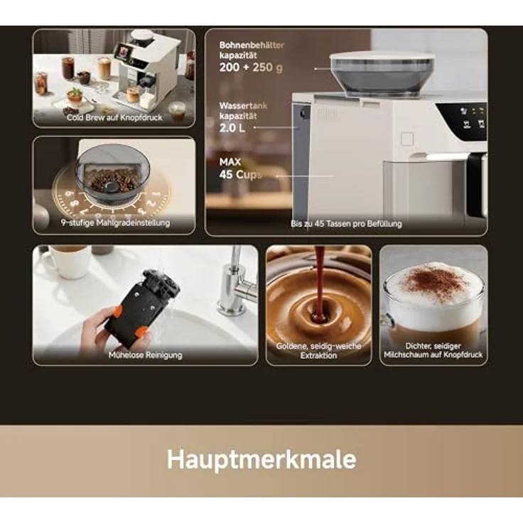 Dreame Ecceluxe™ Master FCM60, Espressomaschine mit intelligenter Mahlwerk, 19 Bar Druck, 6 Getränkeoptionen, abnehmbare Brüheinheit, selbstreinigend, Cremefarbe – Bild 3