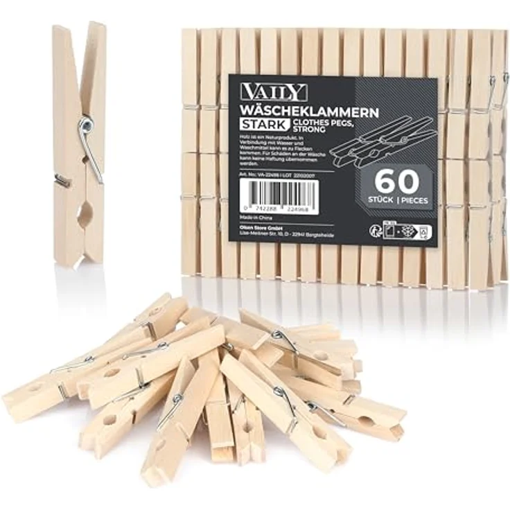 Vaily Wäscheklammern aus Holz, 60 Stück, robuste Holzklammern mit kräftiger Metallfeder für Wäscheleine, Basteln und Dekoration, wetterfest – Bild 1