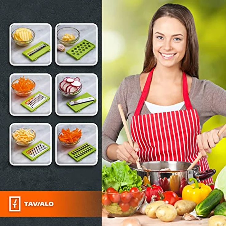 TAVIALO Gemüsehobel Edelstahl Mandoline Set – 6-in-1 mit BPA- und PFOA-freiem Glasbehälter, spülmaschinenfest, ideal für Gemüse, Obst & Meal-Prep – Bild 4