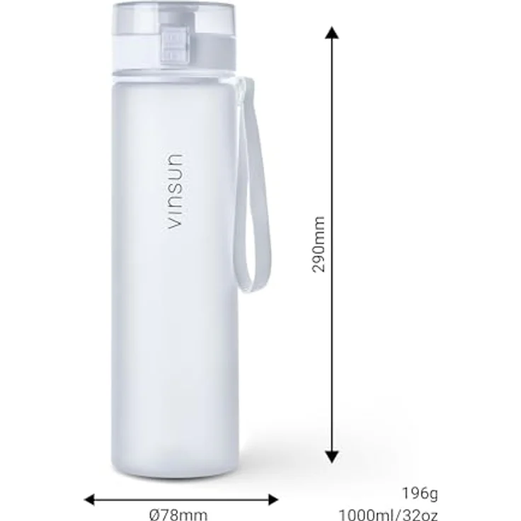 VINSUN Trinkflasche 1L weiß - auslaufsicher, Kohlensäure geeignet, BPA frei, Tritan, Einhandbedienung - Leichte Wasser Flasche für Sport, Schule, Uni, Fahrrad – Bild 5