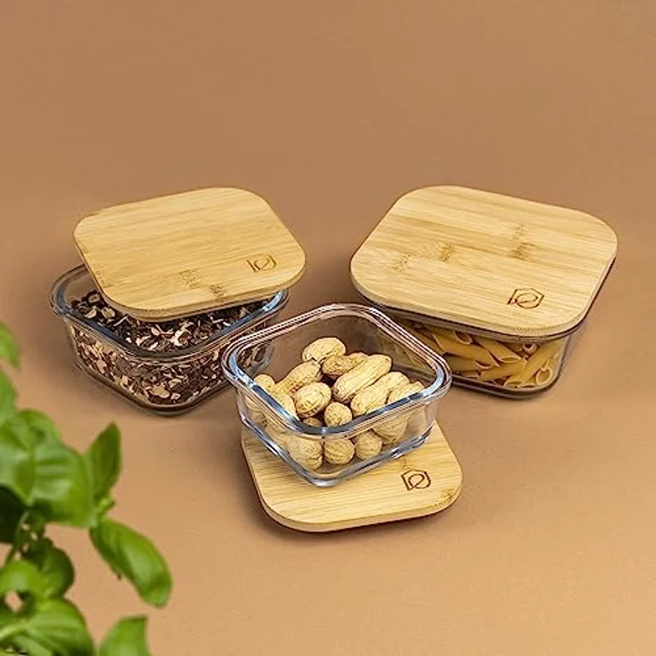 eluno Glas Aufbewahrungsdosen 3er-Set inkl. Bambusdeckel, Frischhaltedosen, quadratisch – Bild 2