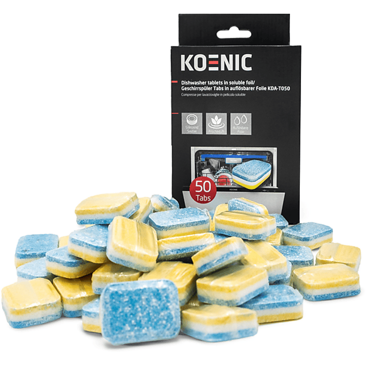 KOENIC KDA-T050 Phosphatfreie Spülmaschinen-Tabs, wasserlösliche Folie, 27 mm, multifunktional, entfernt hartnäckige Flecken, schützt vor Kalkbildung und Glastrübungen