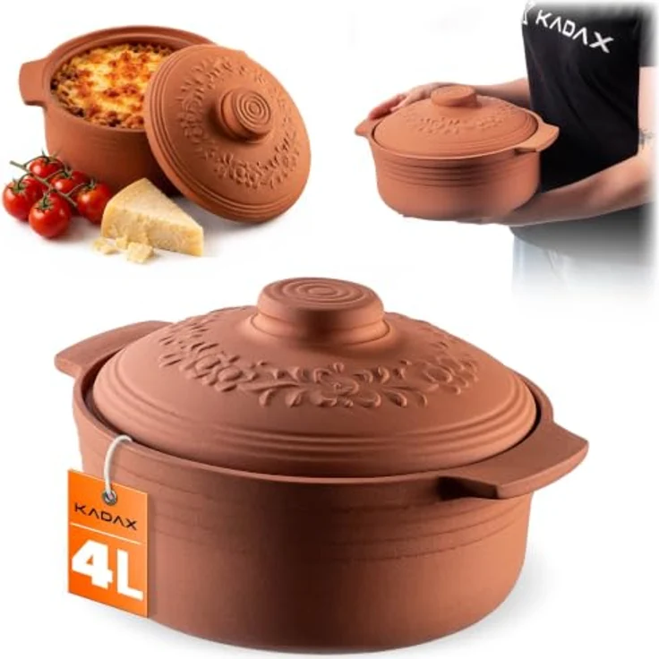 KADAX Tonbräter Augustus, Runde Keramikaufbewahrung 4L mit Deckel, Dampfgarer für fettfreies Kochen, geeignet für Mikrowelle und Backofen – Bild 1